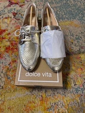 Dolce Vita platinum Perforated Lace-Up Flats